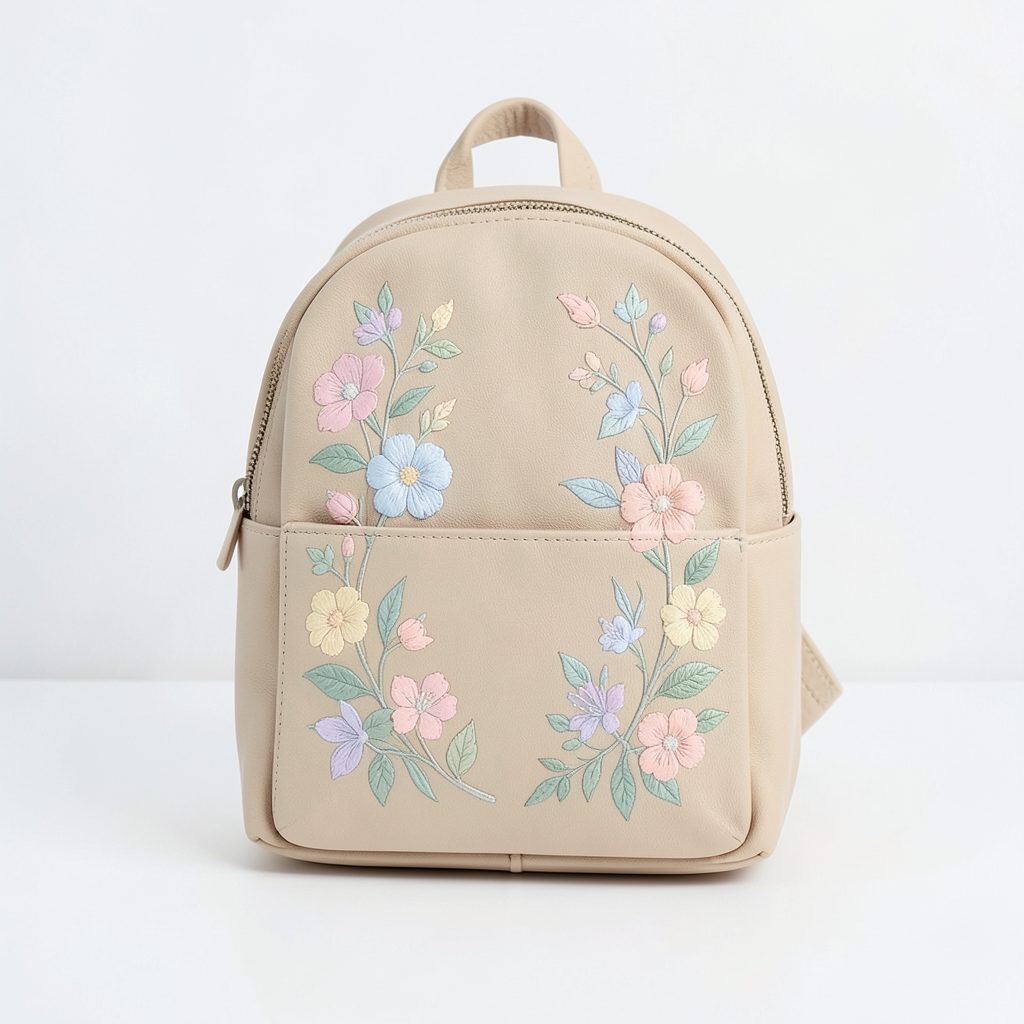A beige vegan leather backpack with delicate floral embroidery in soft pastel tones, shown on a clean white surface
