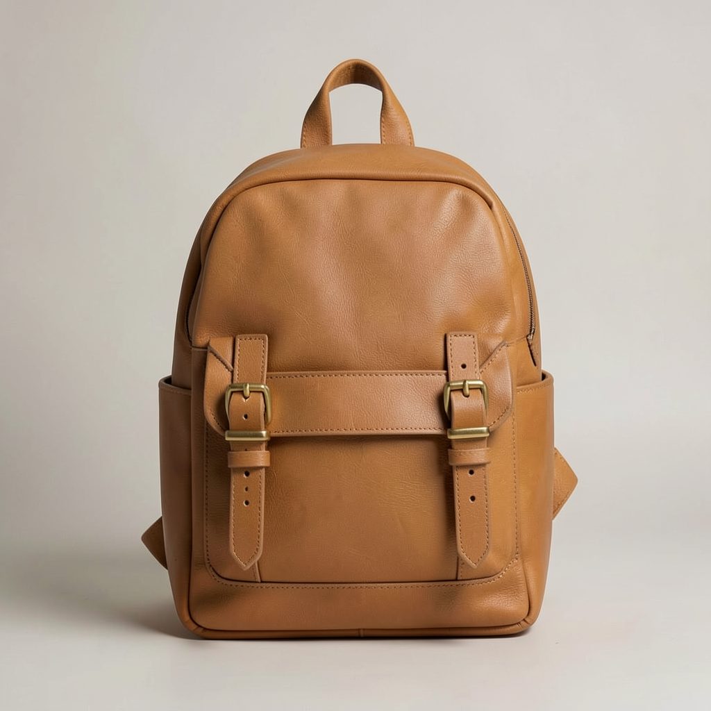 A classic tan Oxford-style vegan leather backpack with clean lines and brass-toned buckles, photographed from the front on a neutral backdrop