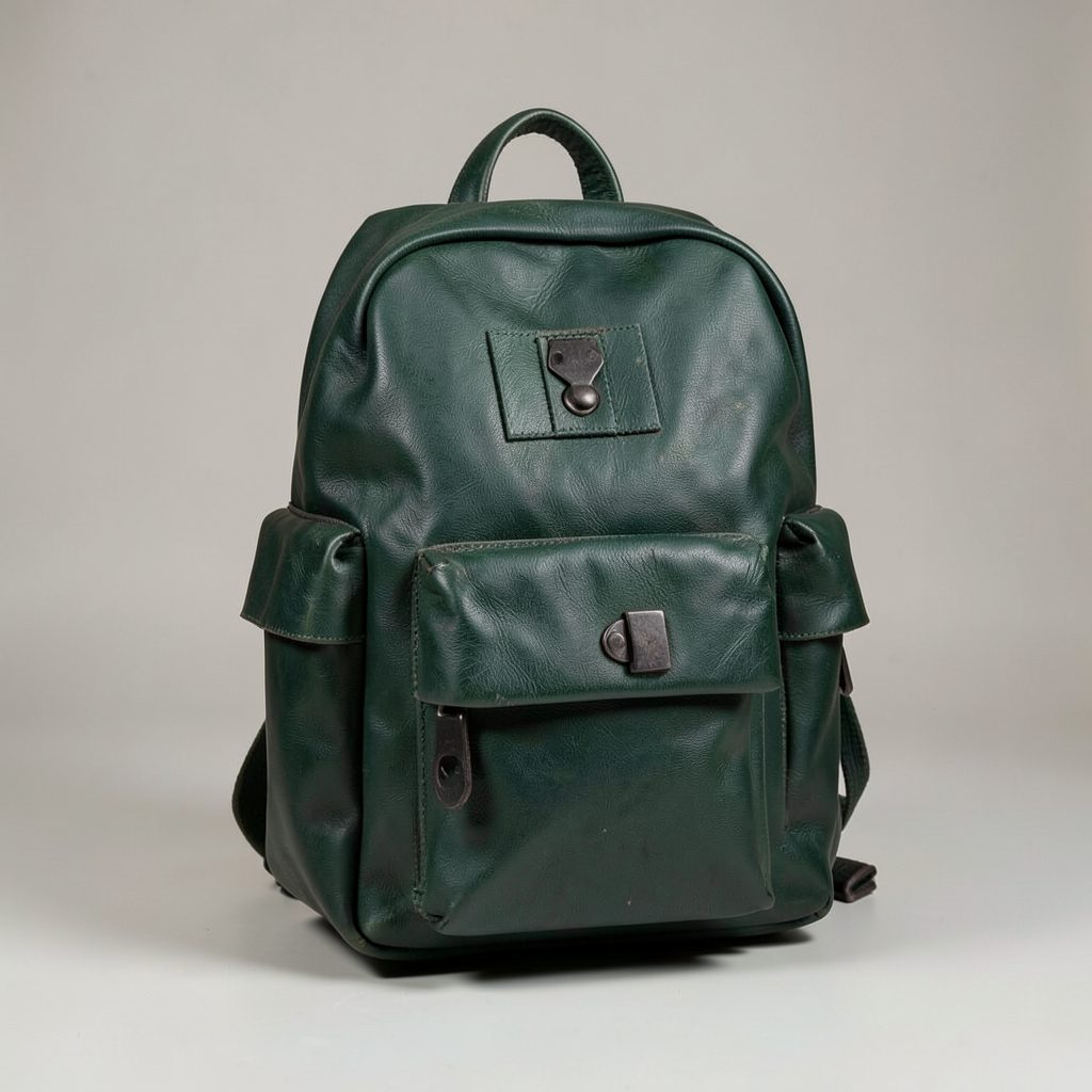 A deep green Sherwood leather backpack with a vintage-inspired shape and dark metal hardware, shown in soft studio lighting