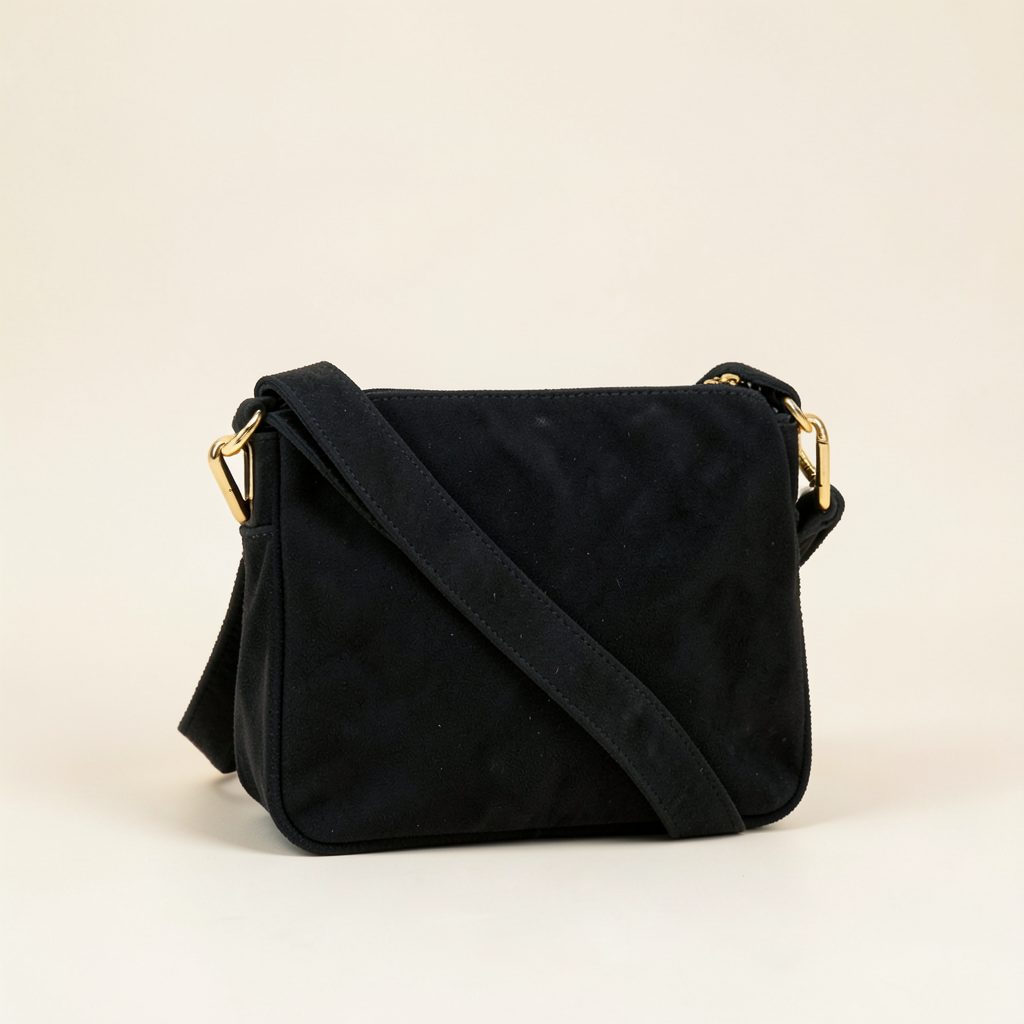 A geometry-inspired suede crossbody bag in rich black with gold-toned hardware, shown against a soft cream background