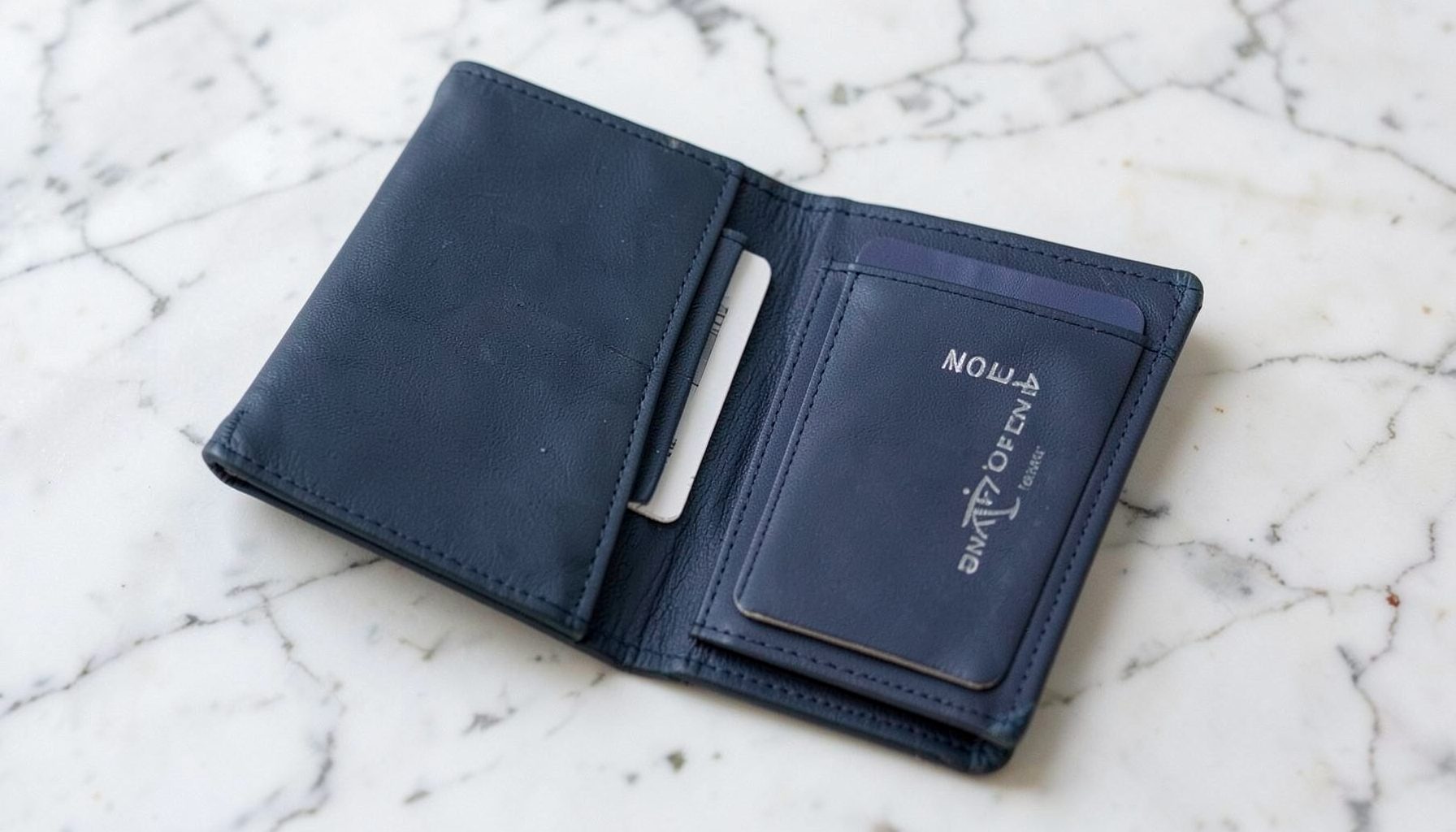 A passport holder in navy vegan leather, open to reveal card slots and a passport sleeve, on a marble surface.