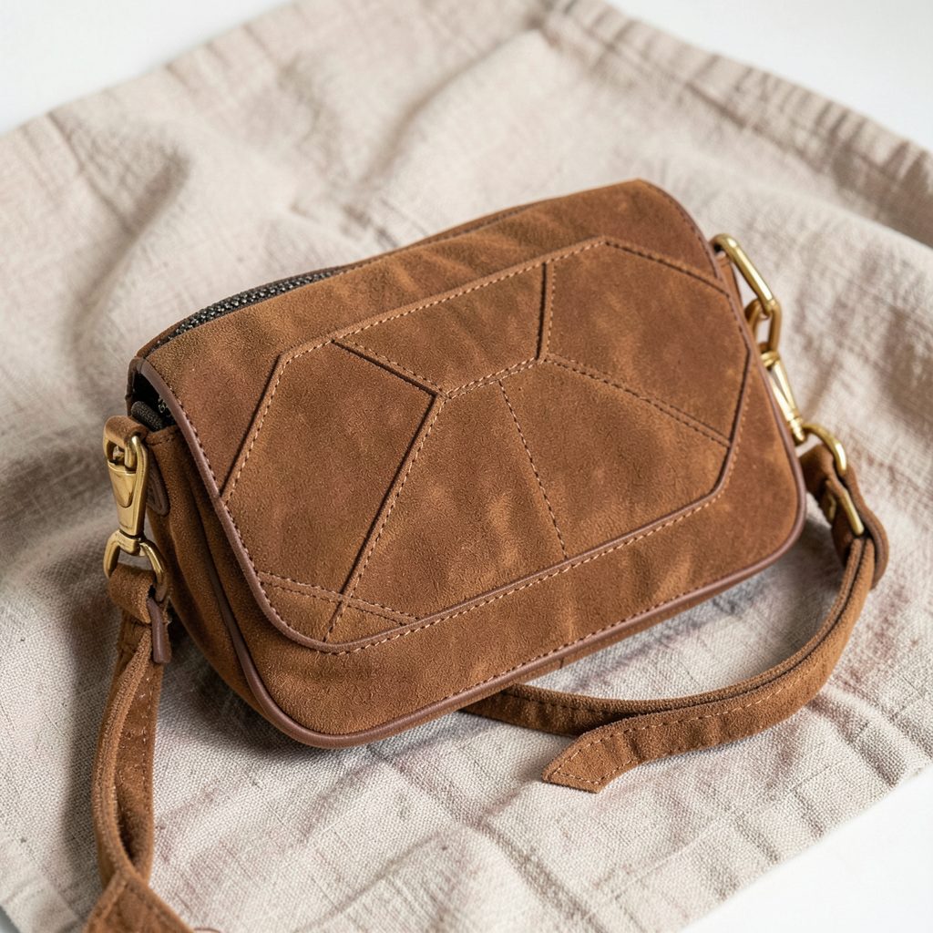 A rich brown suede crossbody bag with geometric paneling and gold-toned hardware, resting on a textured linen cloth