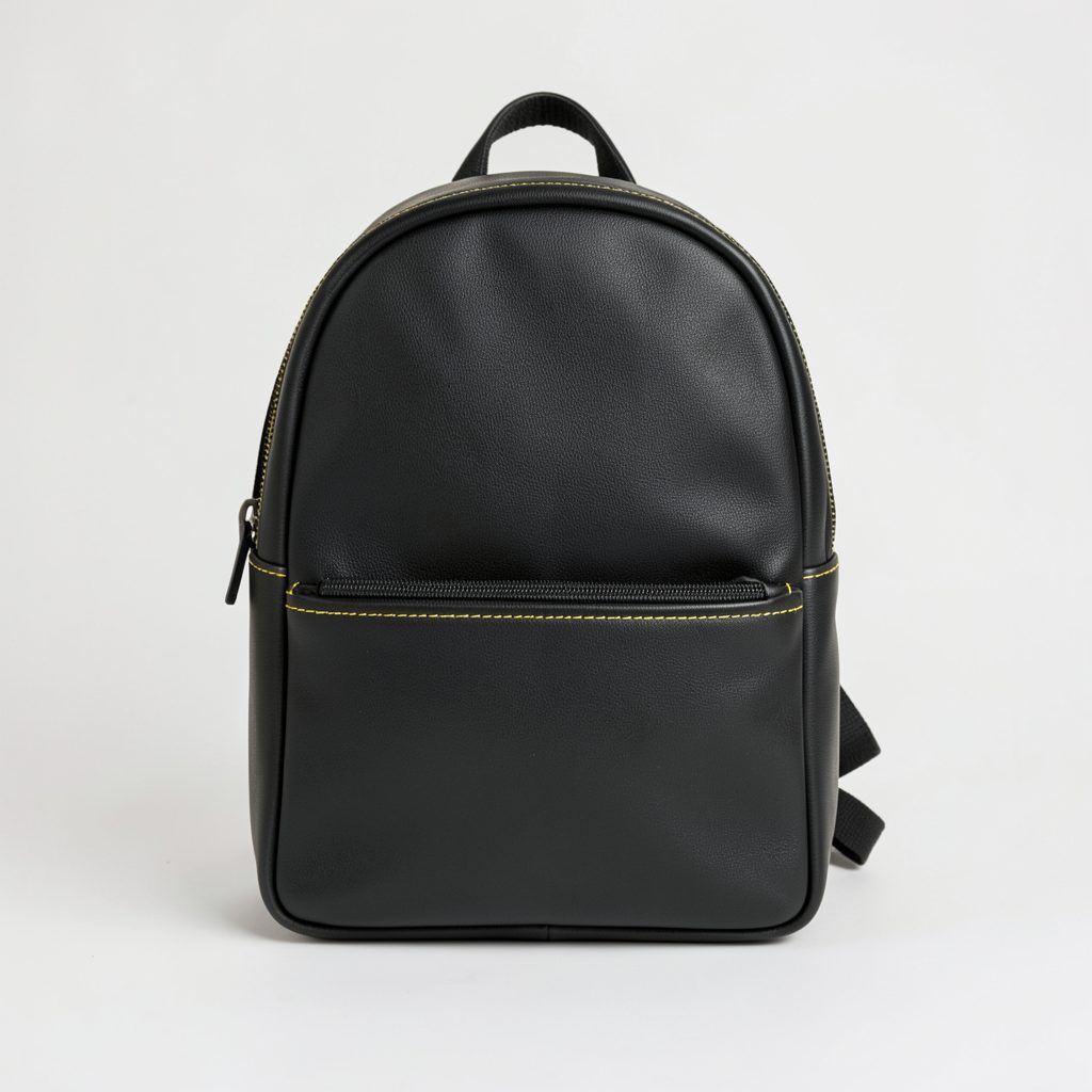 A sleek black vegan leather backpack with subtle yellow accent stitching, photographed against a light studio backdrop