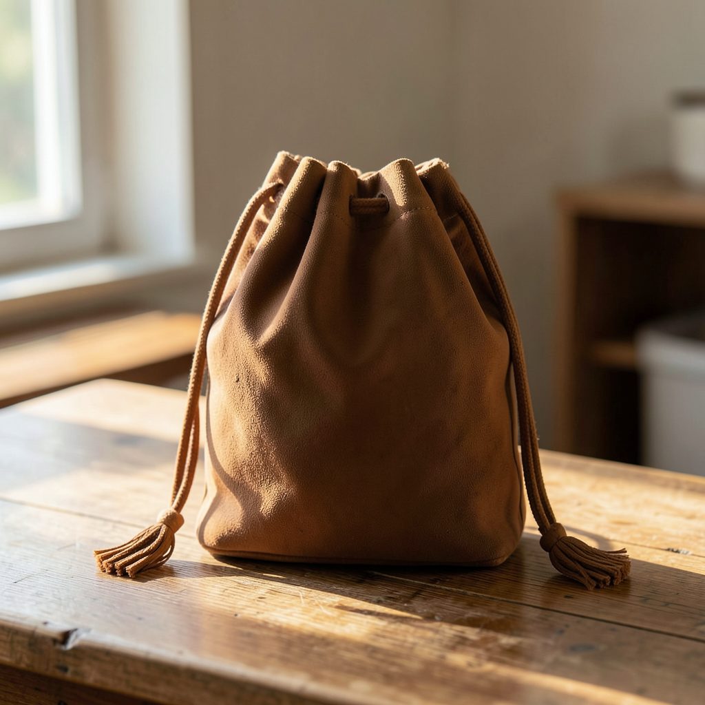 A soft brown bucket bag with drawstring tassels and a structured silhouette, placed on a wooden table with warm natural light