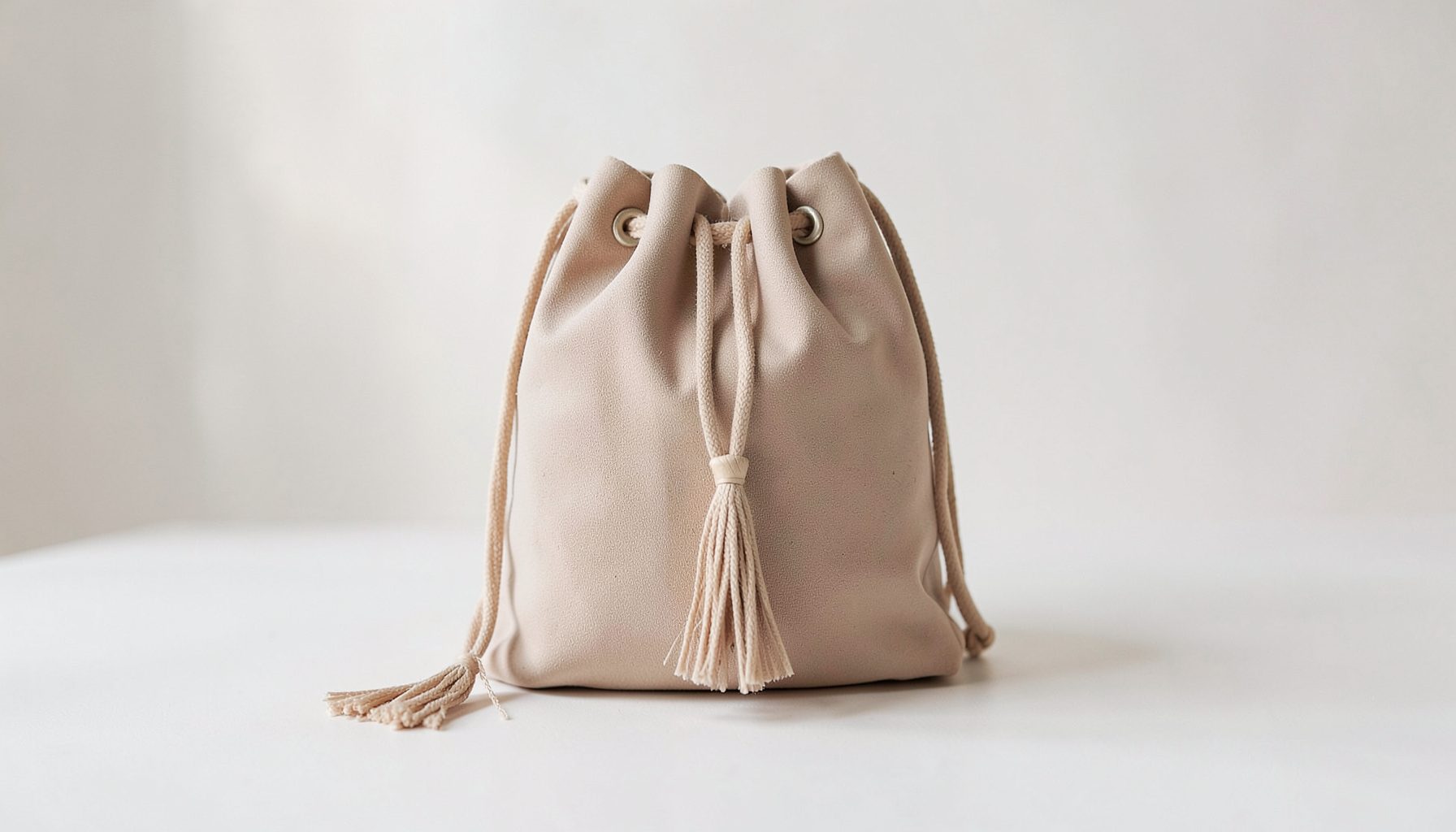 A softly structured bucket bag with drawstring tassels in a warm neutral shade, shown on a clean surface with natural light.