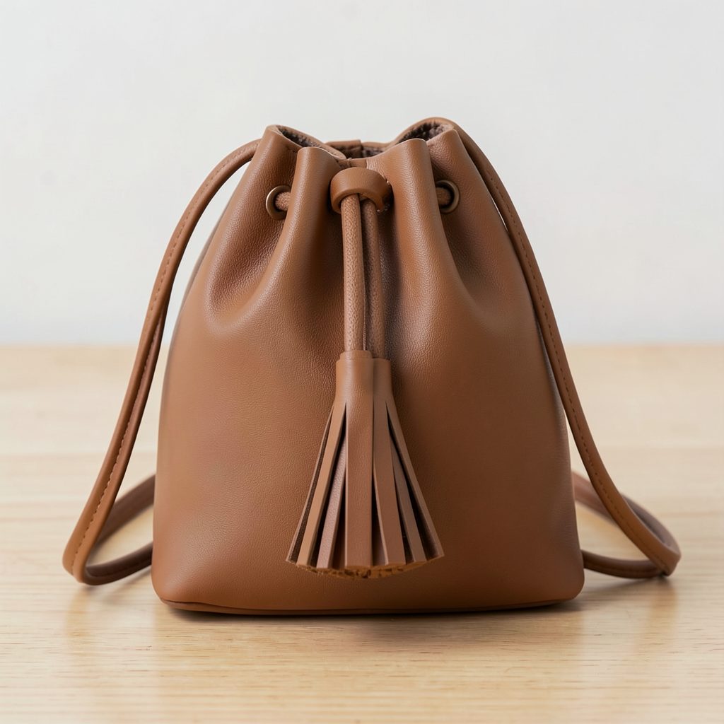 A softly structured tassel bucket bag in classic brown vegan leather with drawstring closure and tassel details, set on a light wooden surface