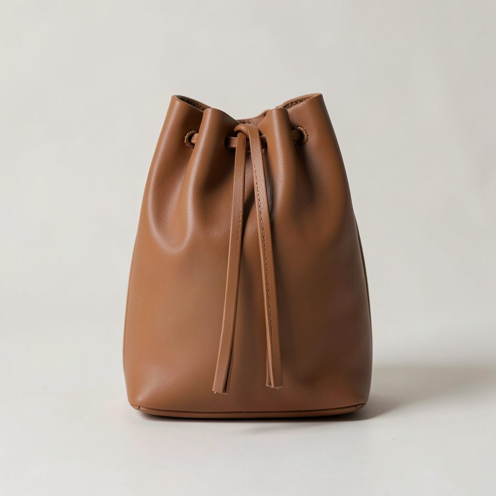 A softly structured vegan leather bucket bag in warm brown with drawstring tassel closure, set against a clean neutral studio background with soft natural light