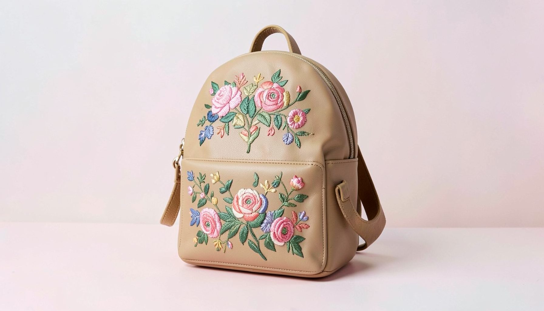 A vintage-inspired floral embroidery backpack in smooth vegan leather, displayed against a soft pastel background.