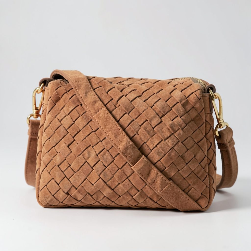 A woven crossbody bag in warm brown faux suede with gold-plated hardware, its textured weave catching soft natural light