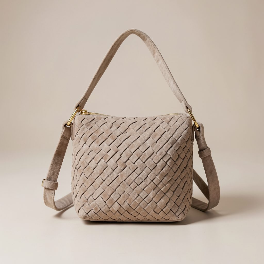 A woven faux suede crossbody bag with gold-plated hardware, shown against a soft neutral background. The bag features an intricate woven pattern and a detachable shoulder strap, conveying modern elegance and craftsmanship.