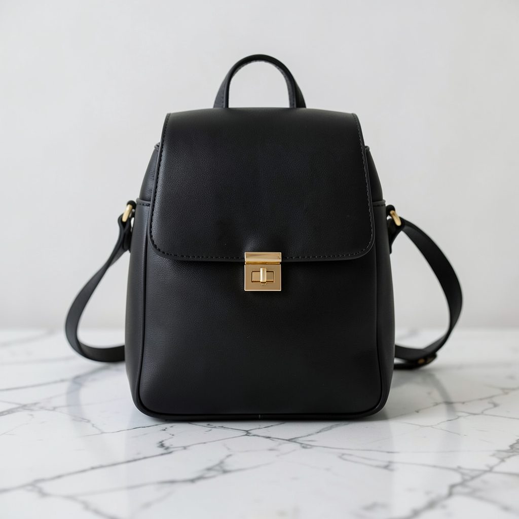 An elegant black Audrey backpack with a slim profile and polished gold-tone clasp, resting on a marble surface
