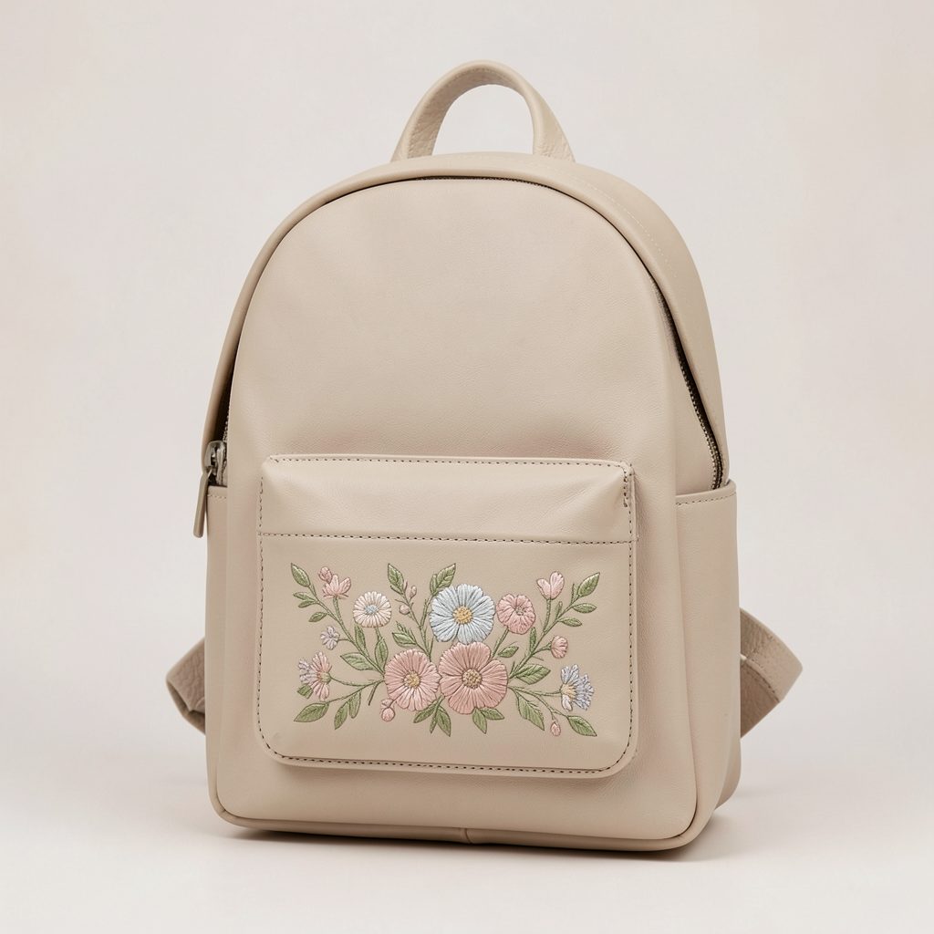 Beige vegan leather backpack with a floral embroidered front pocket on a soft light background