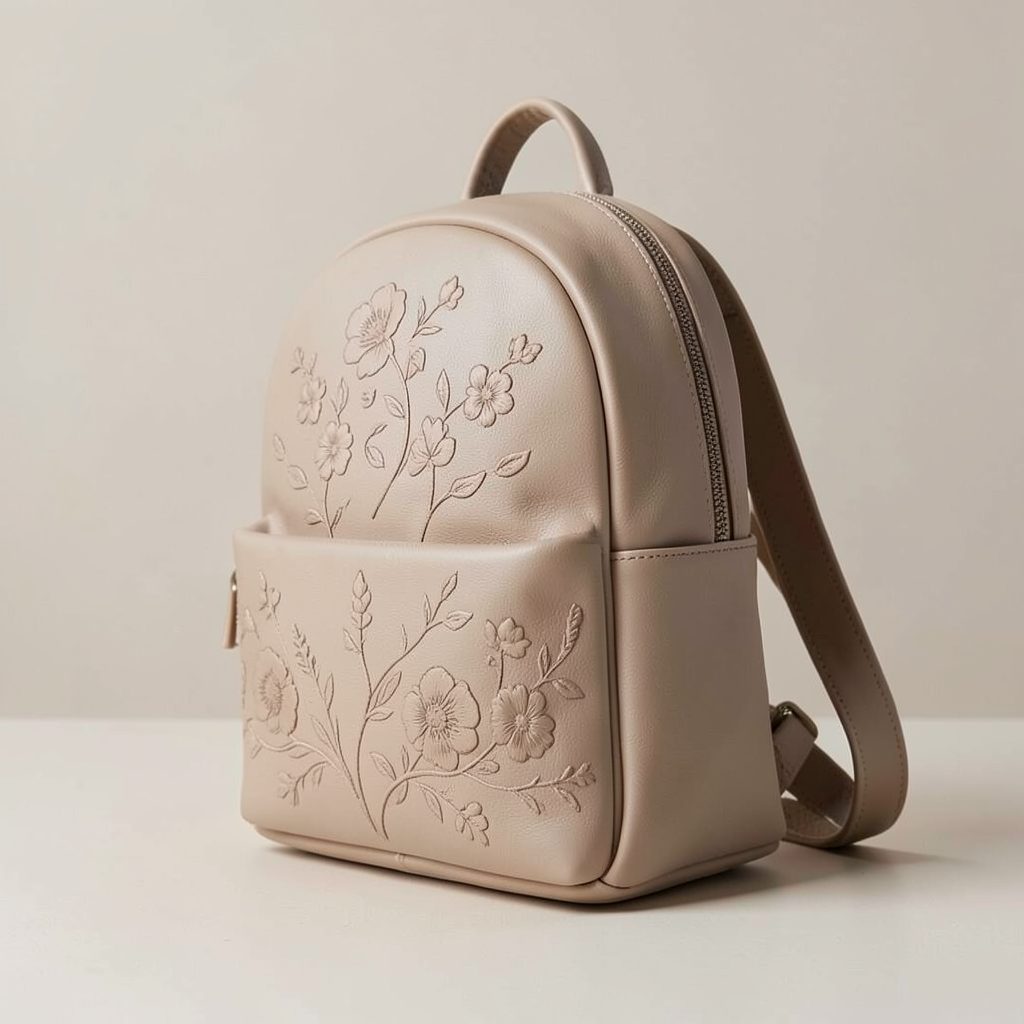 Beige vegan leather backpack with fine floral embroidery detail, rounded silhouette and a removable shoulder strap resting on a light neutral surface
