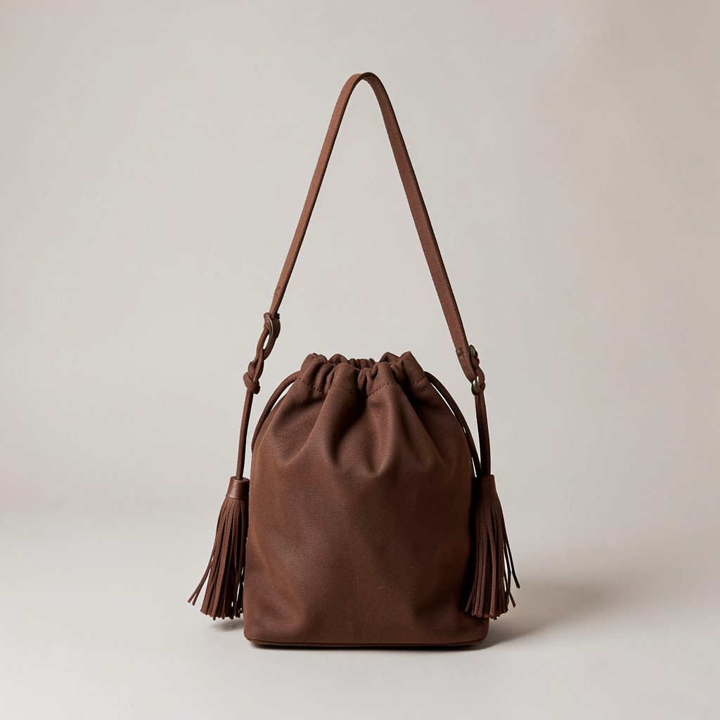 Brown tassel bucket bag with a drawstring closure and a long shoulder strap on a neutral background