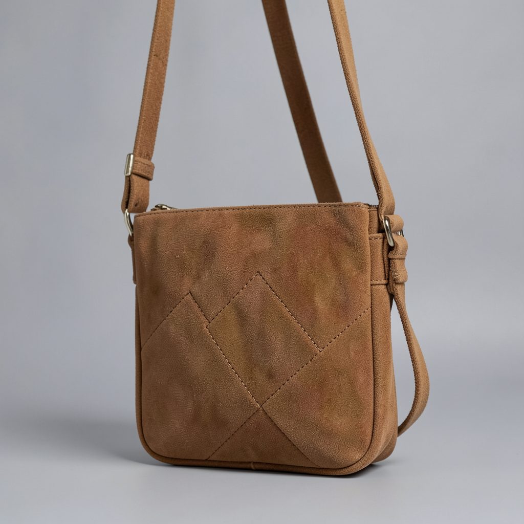 Close-up of a brown suede crossbody bag with a geometric panel design and a slim adjustable shoulder strap against a soft gray background