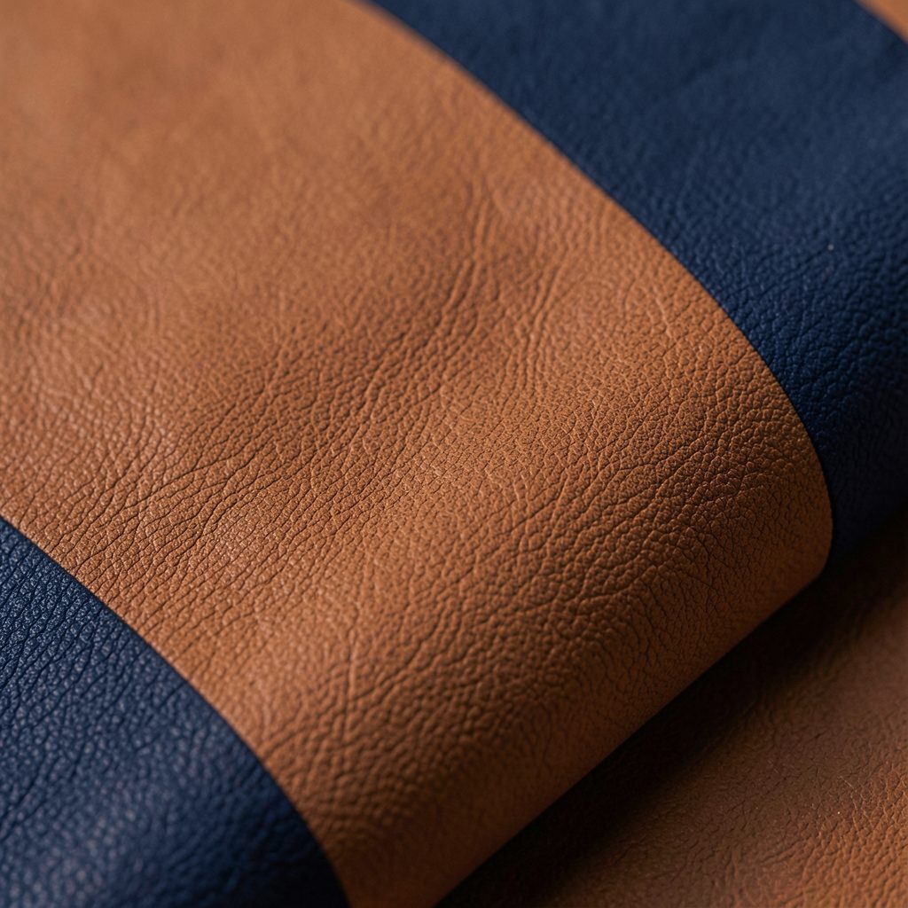 Close view of textured vegan leather in warm brown and navy blue tones, soft rounded shape, calm crafted mood