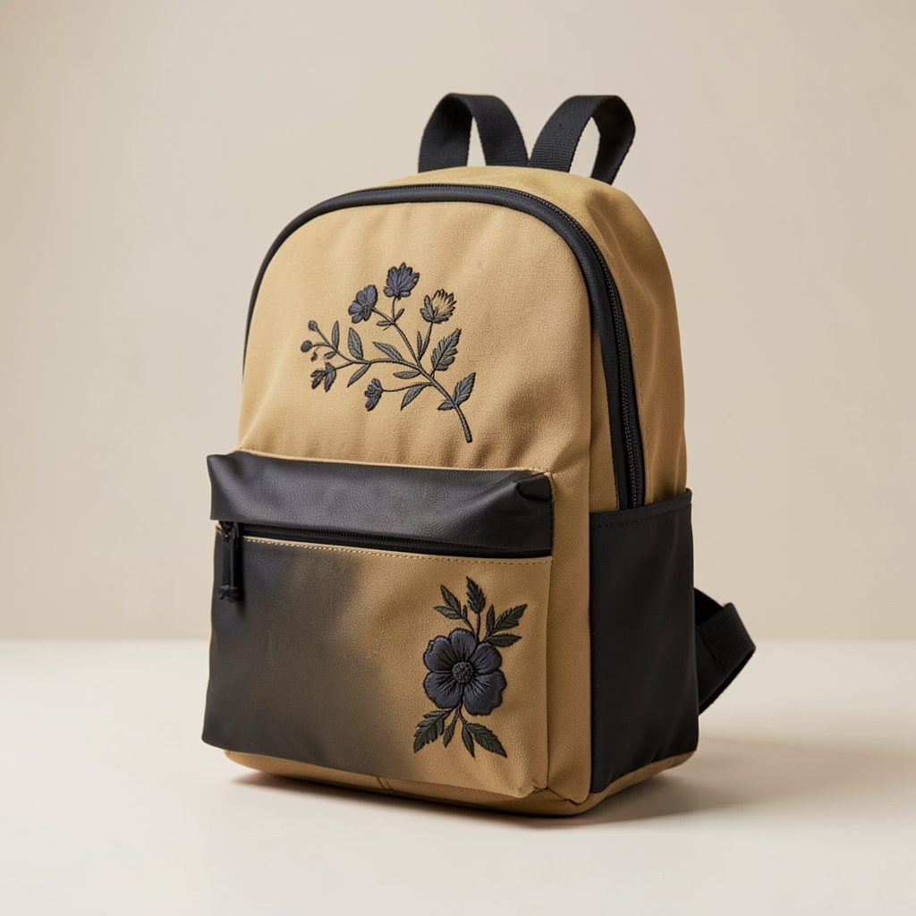 Compact backpack in muted honey and black tones with floral embroidery detail, soft studio lighting, calm mood