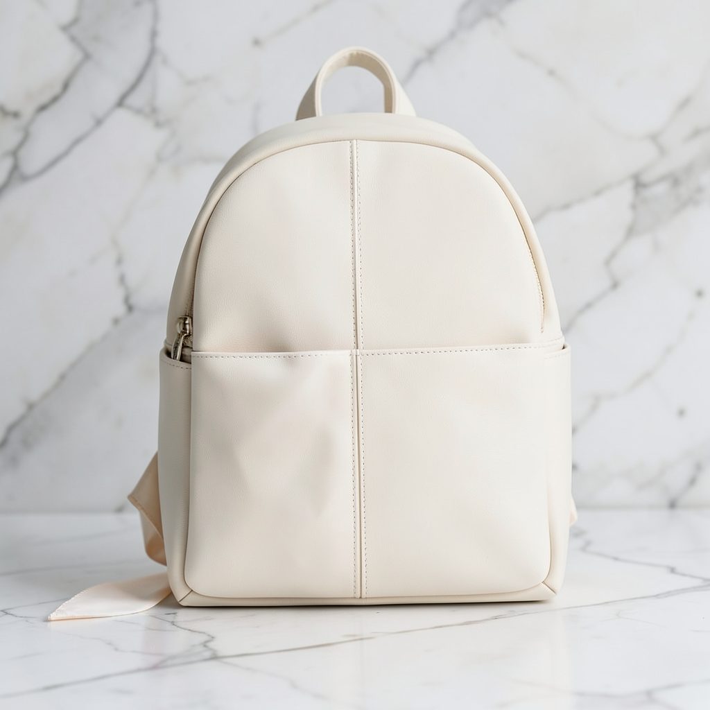 Elegant minimalist vegan leather backpack in soft cream, styled with a silk scarf accent on a marble surface.