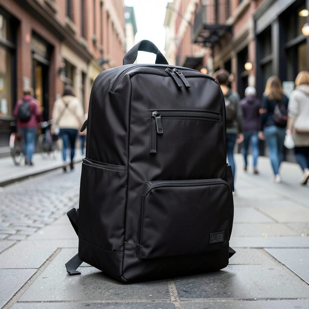 Lightweight travel backpack in matte black with multiple zip compartments, shown against an urban street-style backdrop.
