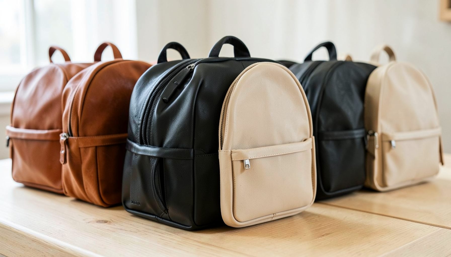 Row of stylish vegan leather backpacks in warm brown, black, and beige tones, arranged on a light wooden surface with soft natural daylight.