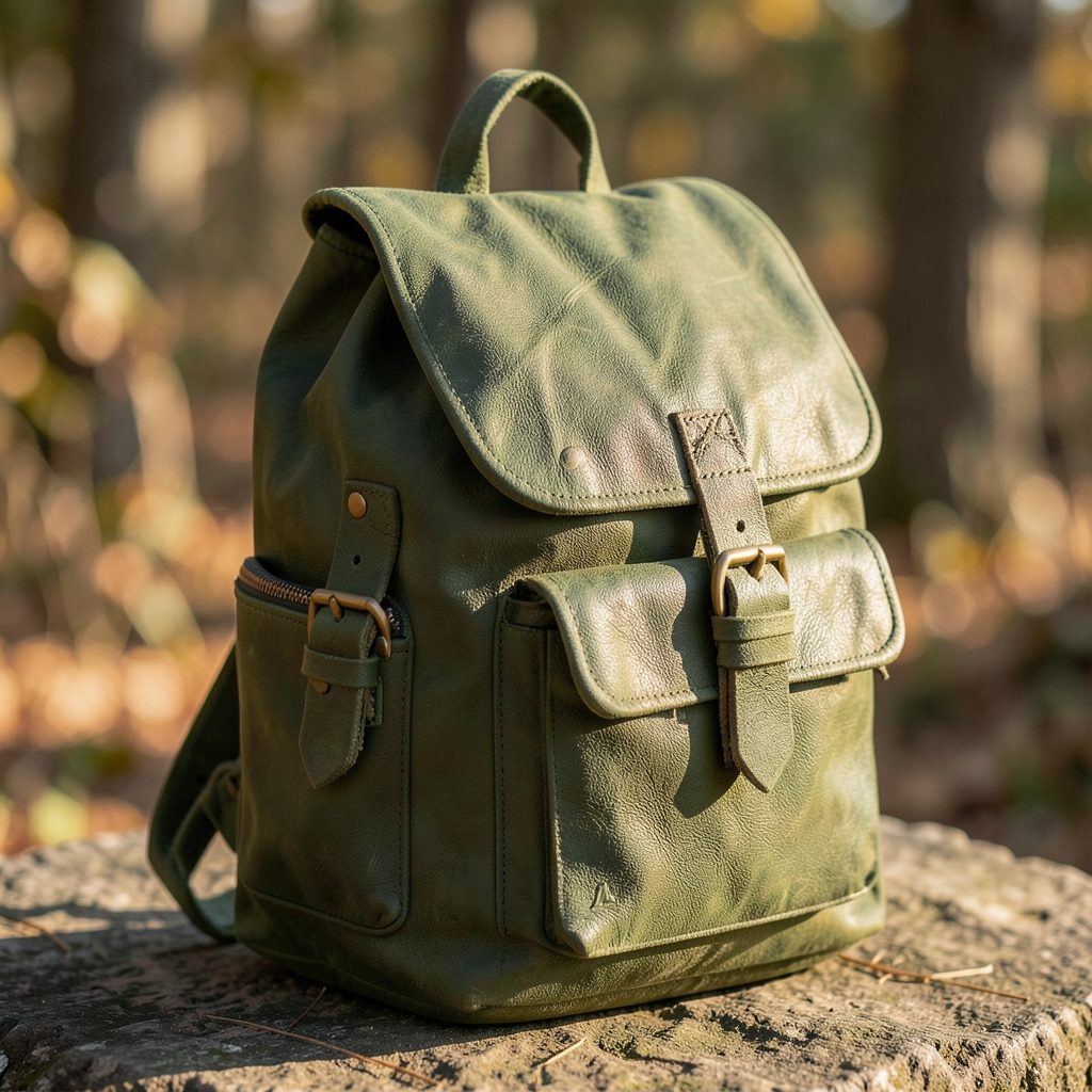 Rugged-inspired vegan leather backpack in forest green with brass-toned buckles, photographed in warm natural light.