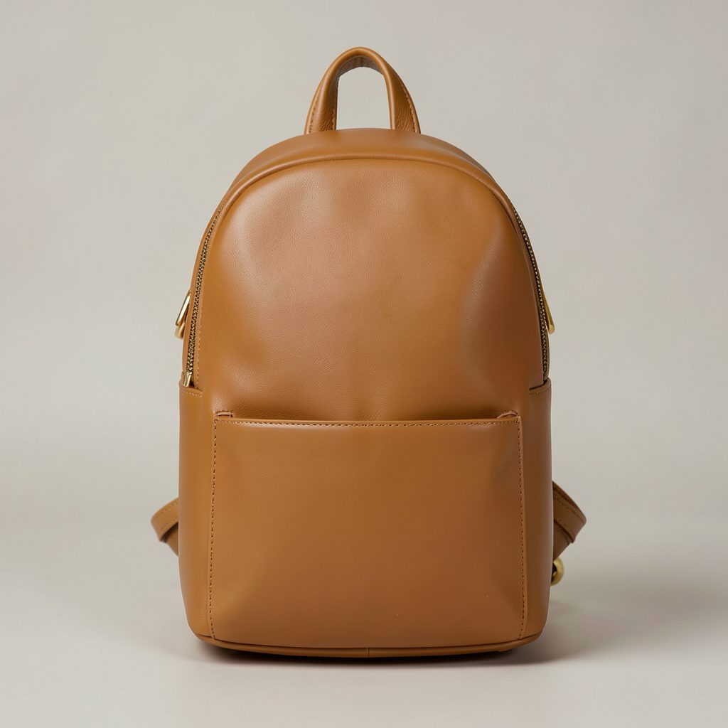 Sleek vegan leather backpack in honey-brown with gold-toned hardware, shown against a neutral studio background.