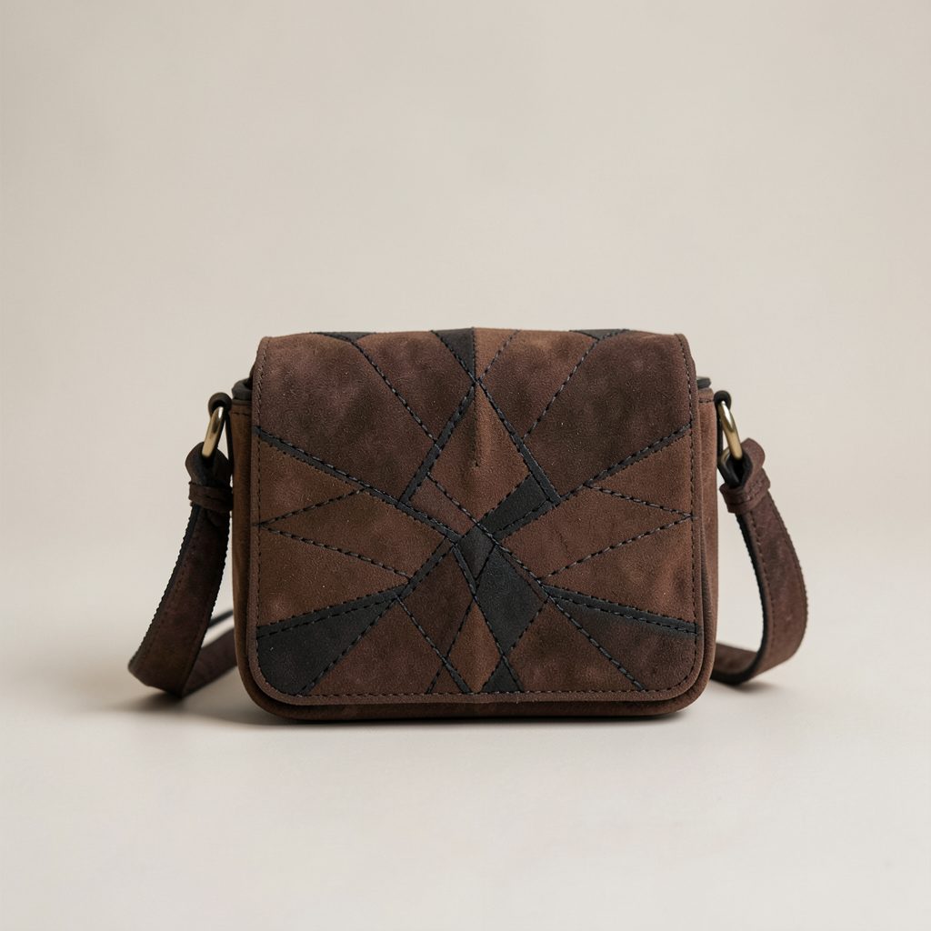Small suede crossbody bag in deep brown and black tones with geometric stitching, soft neutral background, sophisticated mood