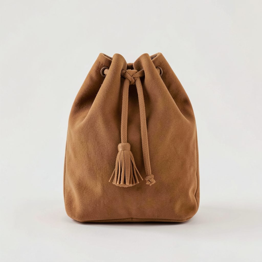 Soft structured bucket bag in warm brown tones with drawstring tassel closure, gentle rounded shape, relaxed mood