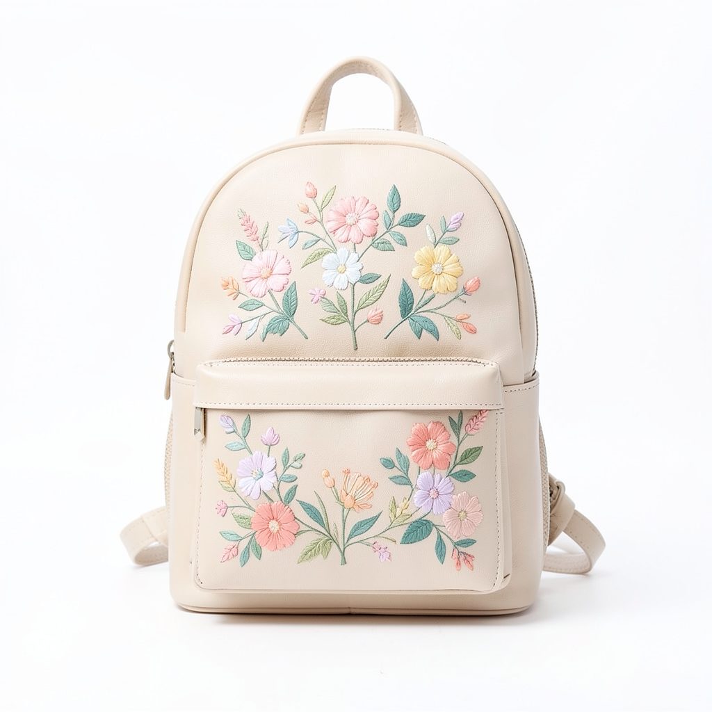 Vegan leather backpack with delicate floral embroidery in soft pastel tones, displayed on a clean white backdrop.