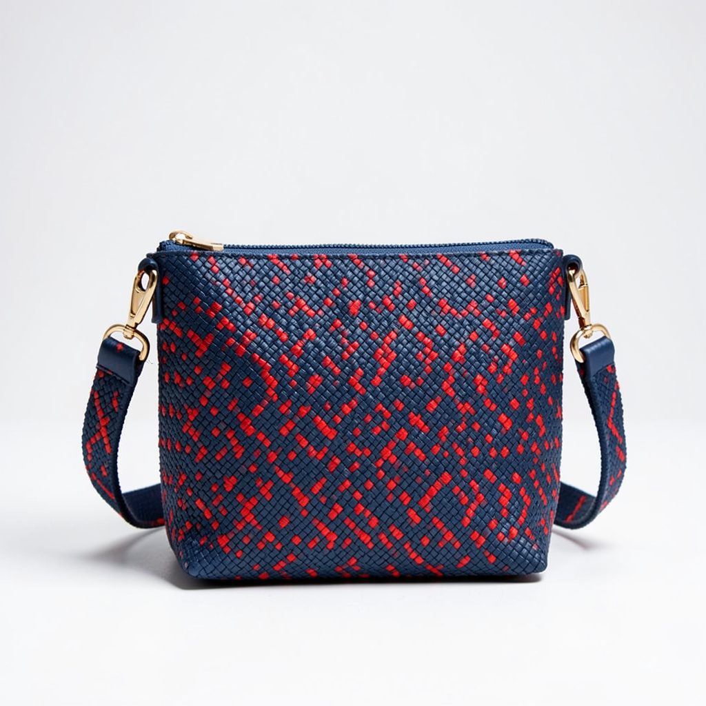 Woven crossbody bag in navy blue and red tones with gold-toned hardware, neat geometric pattern, modern calm mood